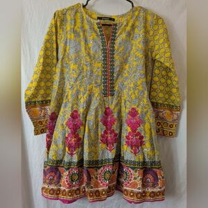 Khaadi Yellow and Pink V-Neck 3/4 Bishop Sleeve Tunic